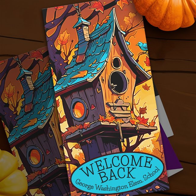 Welcome Back Teachers Fall Birdhouse School House Karte (Welcome back to school bird house schoolhouse fall leaves greeting card)
