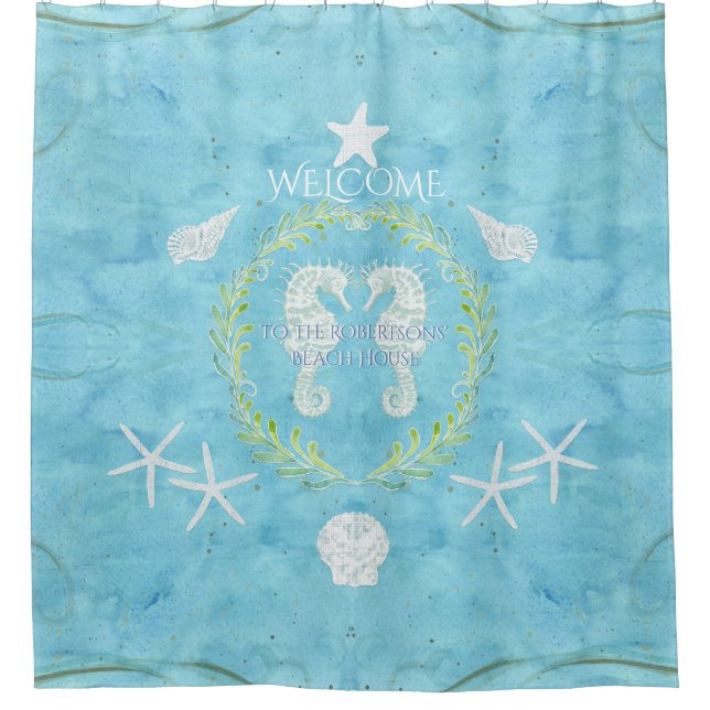 Welcome Beach House Seepferd Starfish Aquarell Duschvorhang (Vorderseite)