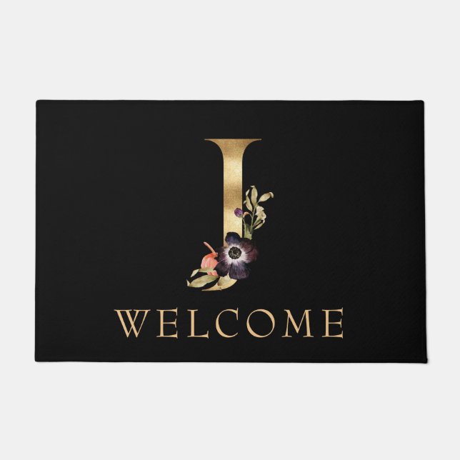 WELCOME Black and Gold Fall Monogram J Doormat Fußmatte (Vorderseite)