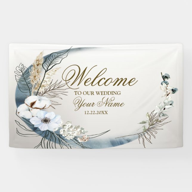 Welcome Boho White Orchid Blume Blue Moon Party Banner (Horizontal)
