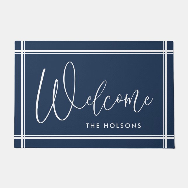 Welcome Calligraphy Script Nachname Navy Fußmatte (Vorderseite)