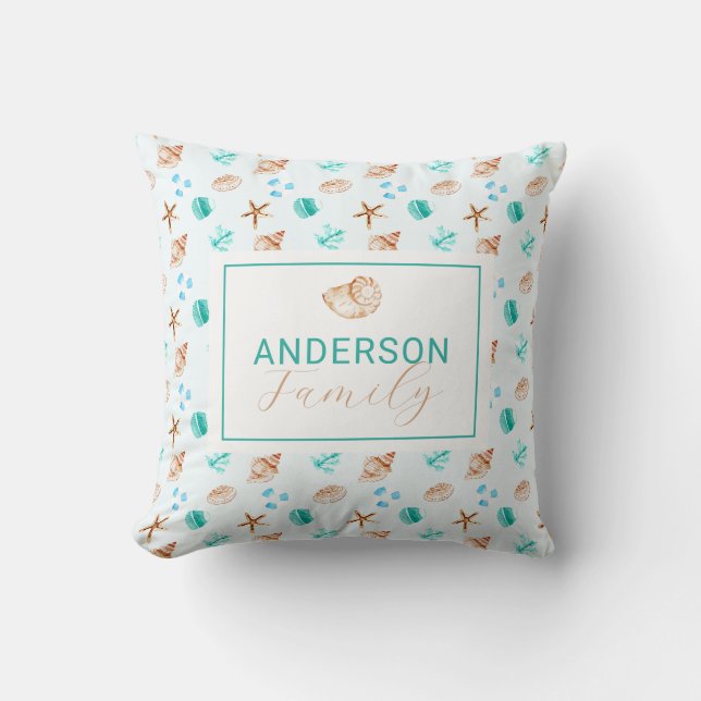 Welcome Coastal Seashells Beach House Family Name Kissen (Vorderseite)
