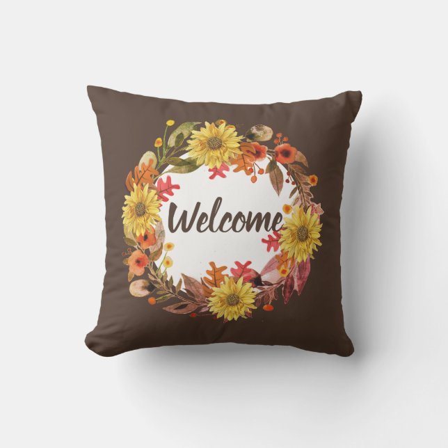 Welcome Fall Blume und Blätter Kranz Kissen (Vorderseite)