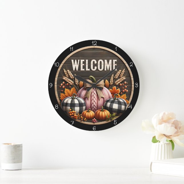 Welcome Fall Farmhouse Pumpkins Autumn Decor Große Wanduhr (Zuhause)