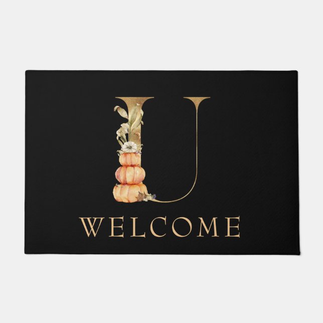 WELCOME Fall Monogram U mit Pumpkins Doormat Fußmatte (Vorderseite)