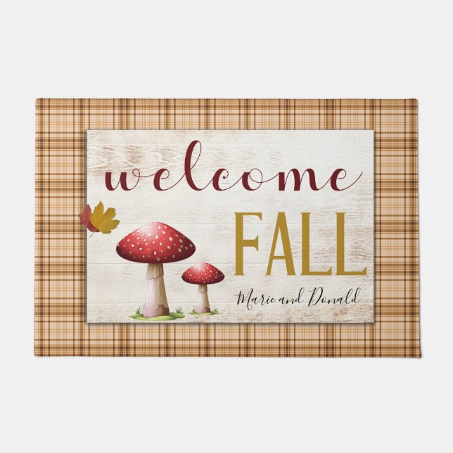 Welcome Fall Mushrooms Orange Kariert Add Name Fußmatte (Vorderseite)