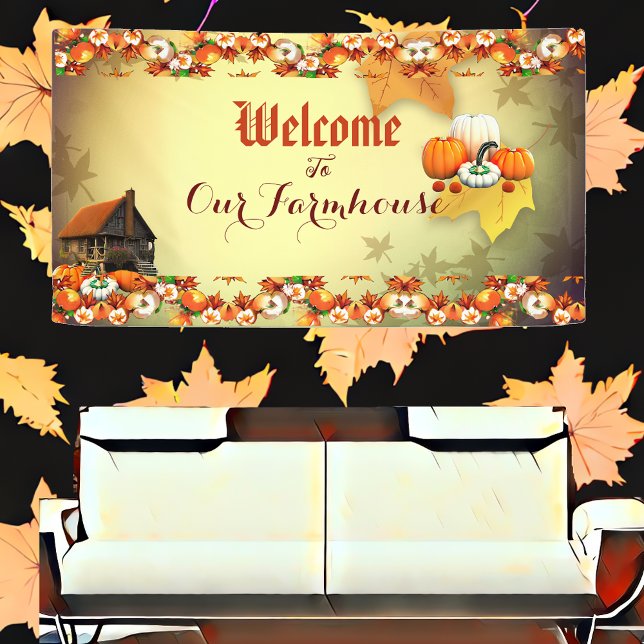 Welcome Farmhouse Orange White Pumpkin Maple Verla Banner (Welcome to our Farmhouse Banner)