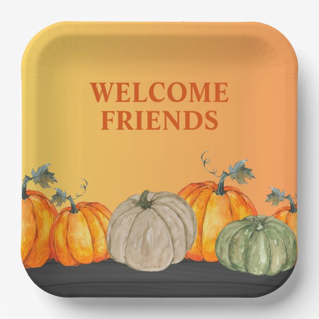 Welcome Friends Pumpkins Herbstfarben Pappteller (Vorderseite)