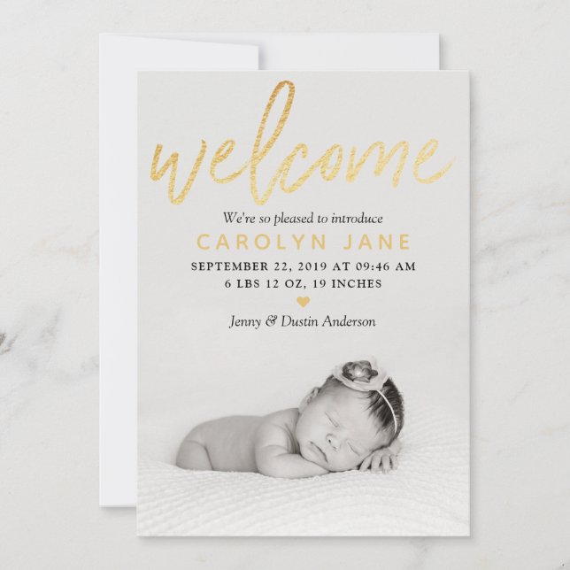 "Welcome" Gold Foil Foto Geburtserklärung Ankündigung (Vorderseite)