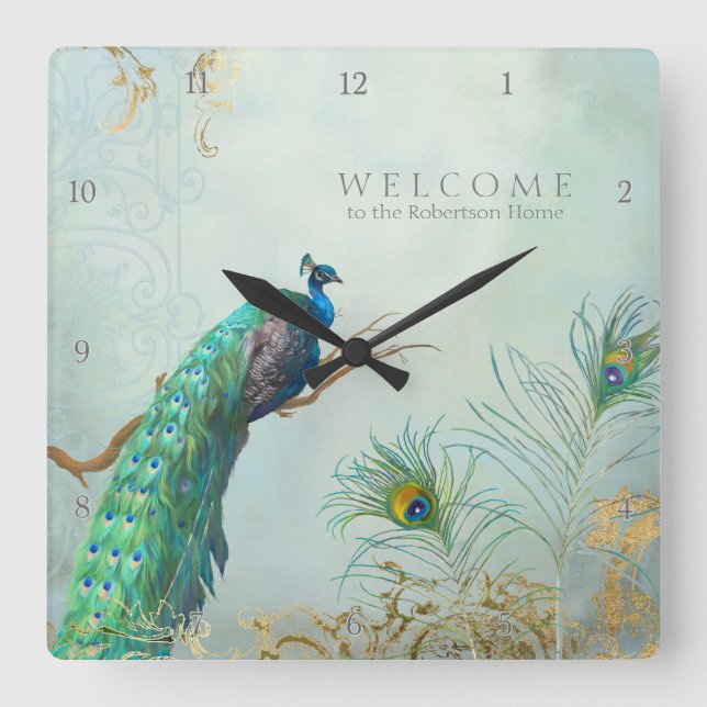 Welcome Guest Family Room Peacock n Feathers Art Quadratische Wanduhr (Vorderseite)