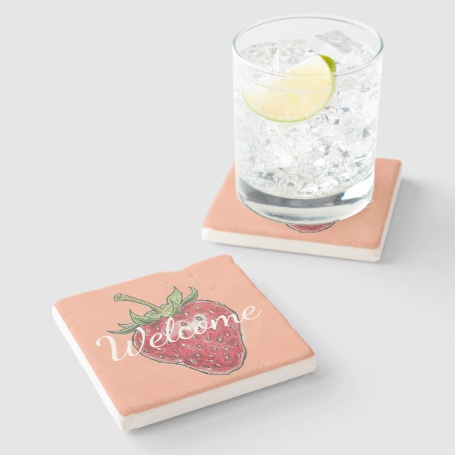 Welcome hand drawn strawberry pink red modern steinuntersetzer (Seitenansicht)