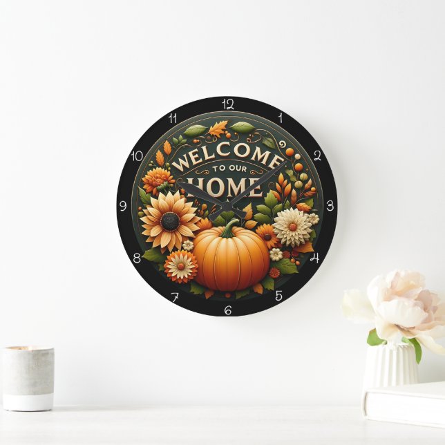 Welcome Home Floral Pumpkin Autumn Große Wanduhr (Zuhause)
