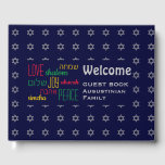 WELCOME Liebe Joce Peace Hebrew Personalisiert Blu Gästebuch<br><div class="desc">Behalt die Erinnerungen Deiner besonderen Ansammlungen lebendig, indem du die Gedanken deiner Gäste in diesem dezent stilvollen, dunkelblauen und grauen Gästebuch sammelst. Der Platzhaltertext ist anpassbar, sodass Sie die Beschreibung z.B. in Ihren Familiennamen ändern können. Die Worte LIEBE JOY PEACE sind auch auf Hebräisch geschrieben (und farbkodiert). Geeignet für Hanukkah,...</div>