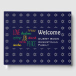 WELCOME Liebe Joce Peace Hebrew Personalisiert Blu Gästebuch<br><div class="desc">Behalt die Erinnerungen Deiner besonderen Ansammlungen lebendig, indem du die Gedanken deiner Gäste in diesem dezent stilvollen, dunkelblauen und grauen Gästebuch sammelst. Der Platzhaltertext ist anpassbar, sodass Sie die Beschreibung z.B. in Ihren Familiennamen ändern können. Die Worte LIEBE JOY PEACE sind auch auf Hebräisch geschrieben (und farbkodiert). Geeignet für Hanukkah,...</div>