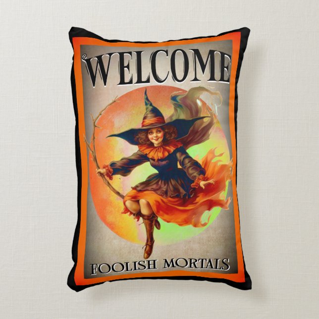 Welcome Mortal Halloween Hexe Dekokissen (Vorderseite(Vertikal))