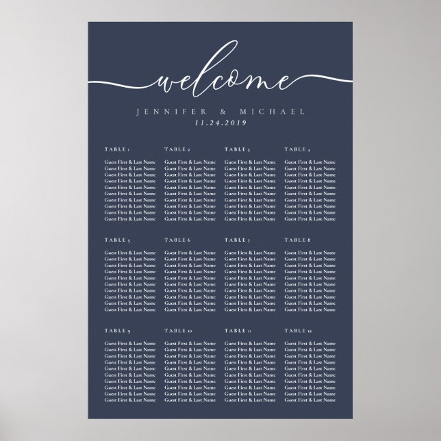 Welcome Navy Wedding Table Seating Poster (Vorne)
