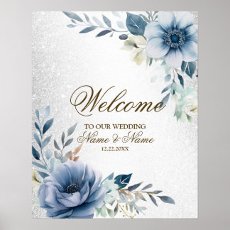 Welcome Party Dusty Blue Watercolor Blume Silver Poster