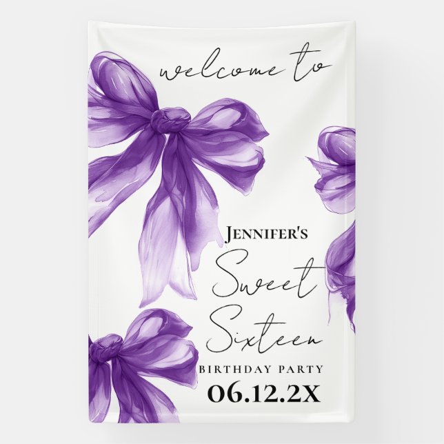 Welcome Purple Bow Coquette Script Sweet 16  Banner (Vertikal)