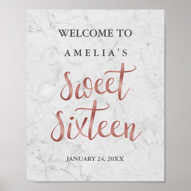 Welcome Sign Marble Imitate Rose Gold 16 . Geburts Poster (Vorne)