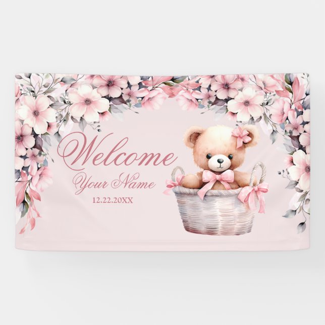 Welcome Teddy Bear Baby Girl Pink Blume Party Banner (Horizontal)