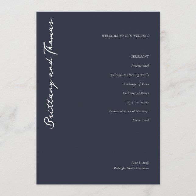 WELCOME TO OUR WEDDING Elegant Navy Blue Serif Programm (Vorderseite)