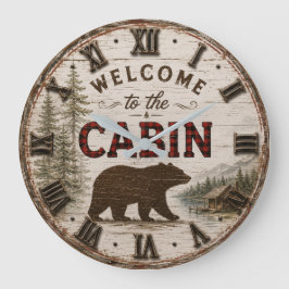 Welcome to the Cabin Rustic Bear Buffalo Plaid Große Wanduhr