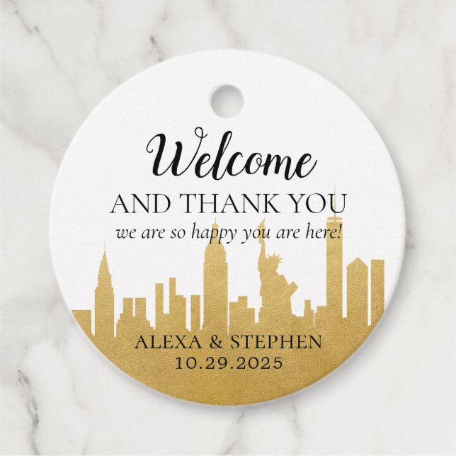 Welcome Wedding Bag New York City NYC Skyline Gold Geschenkanhänger (Vorderseite)