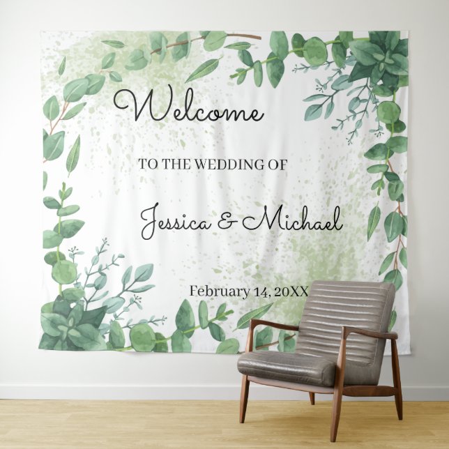 Welcome Wedding Eucalyptus Tapestry Wandteppich (Beispiel (Horizontal))