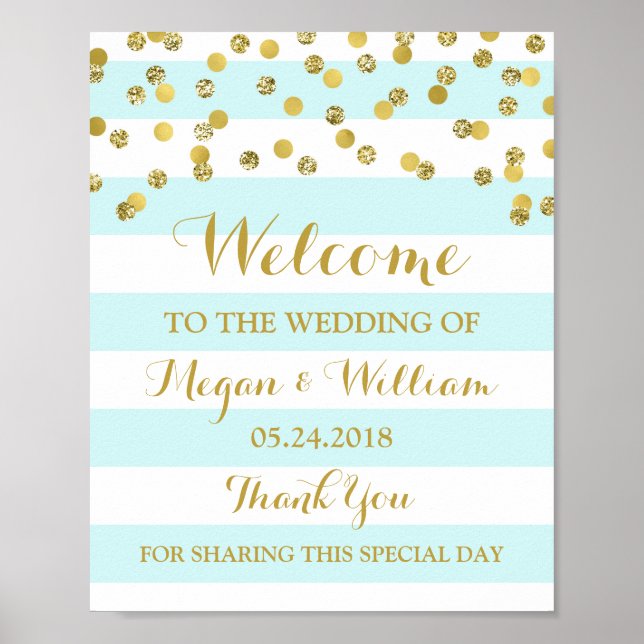 Welcome Wedding Sign Blue Stripes Gold Confetti Poster (Vorne)
