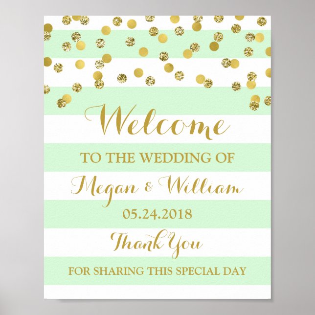 Welcome Wedding Sign Mint Stripes Gold Confetti Poster (Vorne)