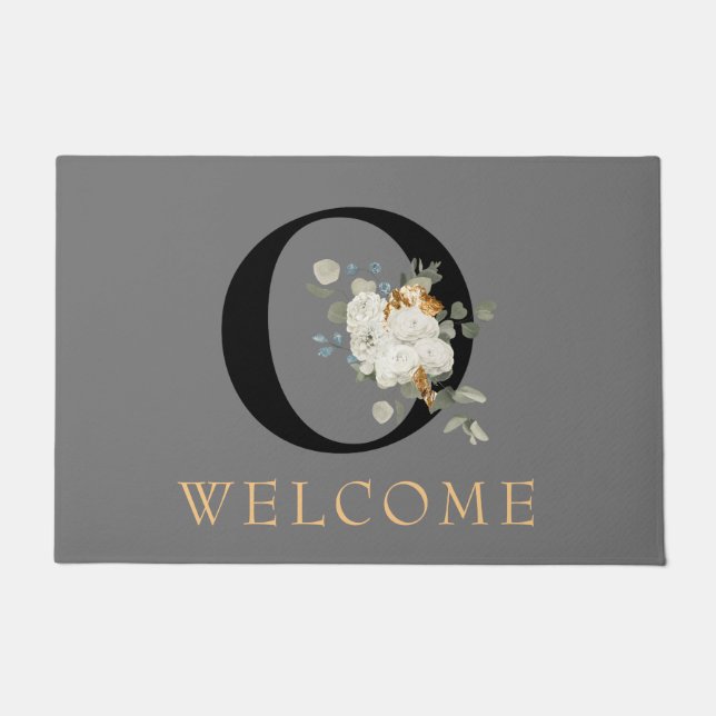 WELCOME White Floral Gold Akzente Monogram O Fußmatte (Vorderseite)