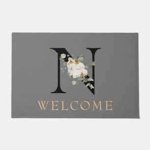 WELCOME White Floral Gold Akzente Monogramm N Fußmatte