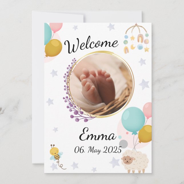 Welcome with love baby announcement round photo einladung (Vorderseite)