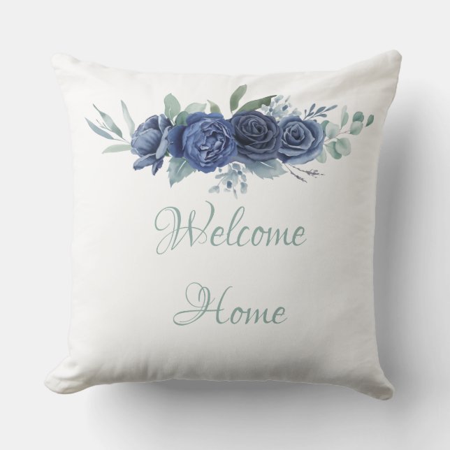 Welcome Zuhause Blue Rose Throw Kissen (Vorderseite)