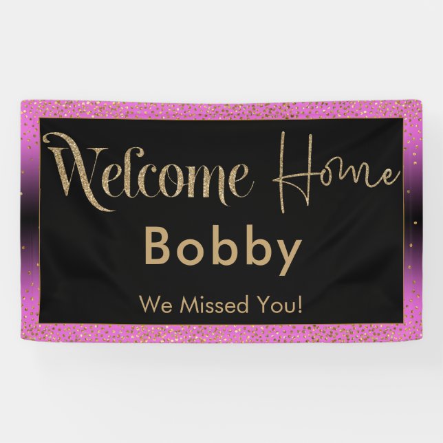 Welcome Zuhause Gold Confetti, Pink Black Ombre Banner (Horizontal)
