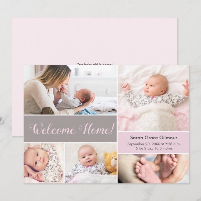 Welcome Zuhause Pink Gray Custom baby girl Foto Dankeskarte (Vorne/Hinten)