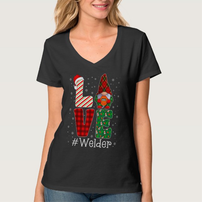 Welder LOVE Gnome Funny Matching Pajama Christmas T-Shirt (Vorderseite)