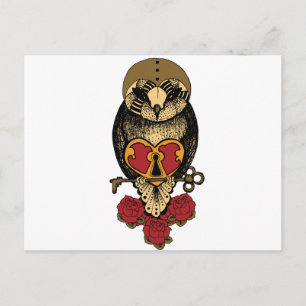 Wellcoda Old School Owl Rock Locked Herz Postkarte