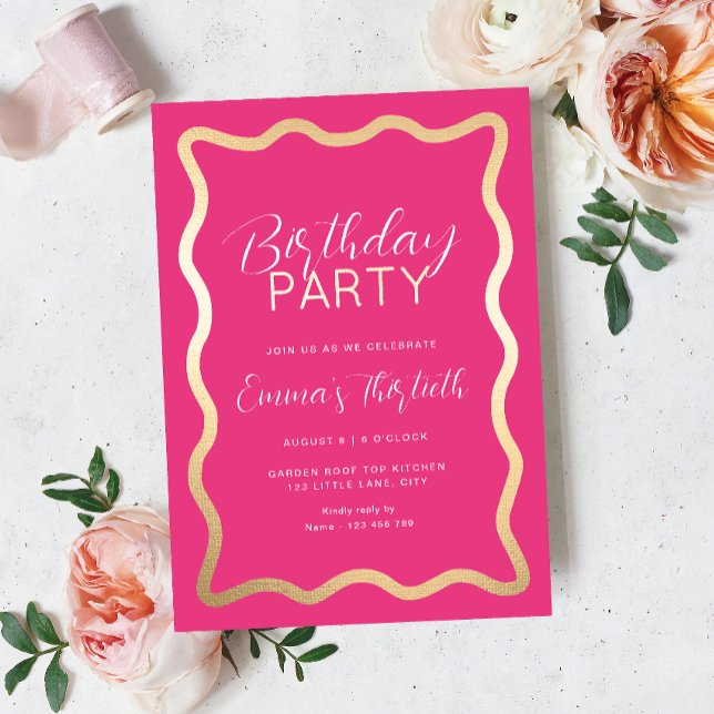 Welle Hot Pink Birthday Foil Einladung (Hot Pink Gold Foil Birthday Invitation)