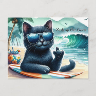Welle reitet   Katzenliebhaber Coole schwarze Katz Postkarte