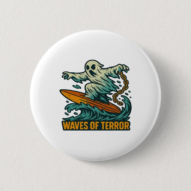 Wellen des Terrors Lustige Geist-Surfer-Grafik Hal Button (Vorderseite)