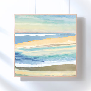 Wellen in Blau Wasserfarben Strand am Ozean Poster