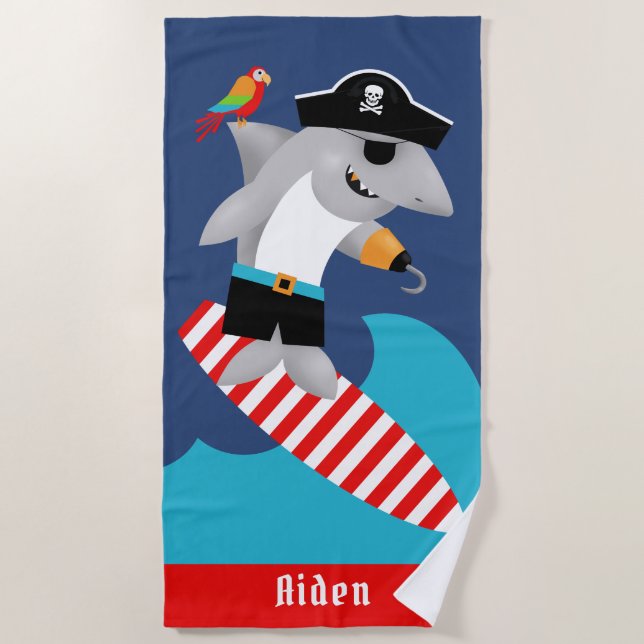 Wellen-Reitsurfender Haifisch-Piraten-Papagei Strandtuch (Vorderseite)