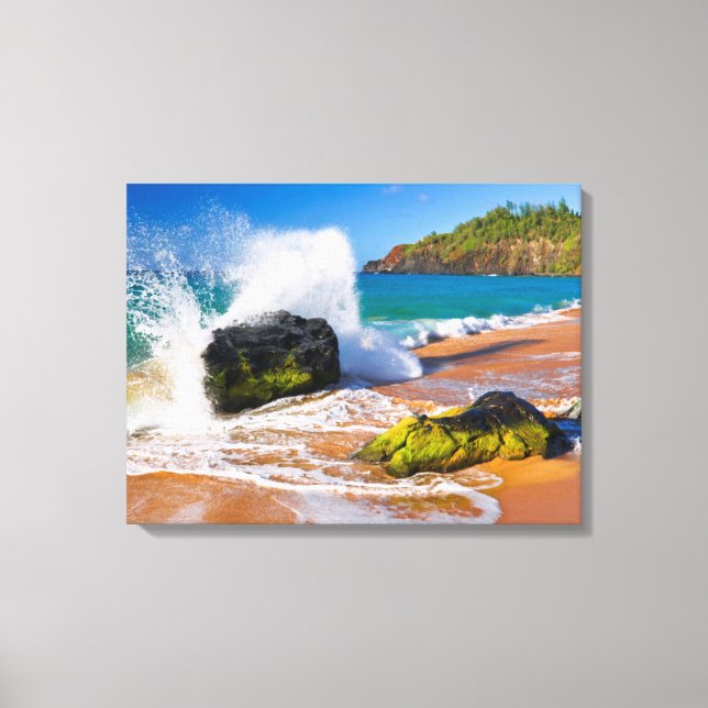 Wellen stürzen am Strand, Hawaii Leinwanddruck (Vorderseite)