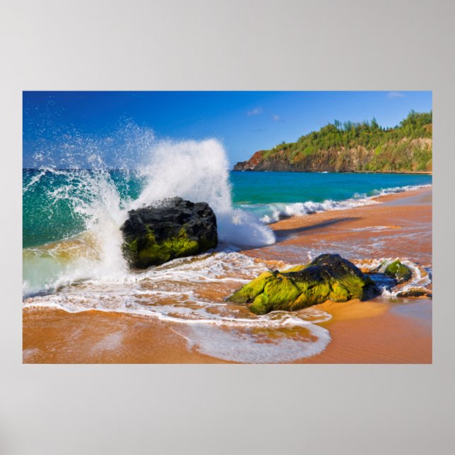 Wellen stürzen am Strand, Hawaii Poster (Vorne)