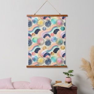 Wellen und Glitzer von Pastel, Rainbow, Abstrakt Wandteppich Mit Holzrahmen