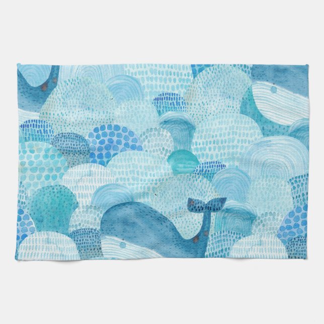 Wellen, Wale, kindische blaue Textur Geschirrtuch (Horizontal)