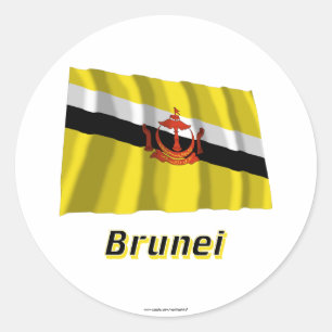 Wellenartig bewegende Flagge Bruneis mit Namen Runder Aufkleber