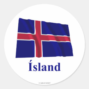 Wellenartig bewegende Flagge Islands mit Namen auf Runder Aufkleber