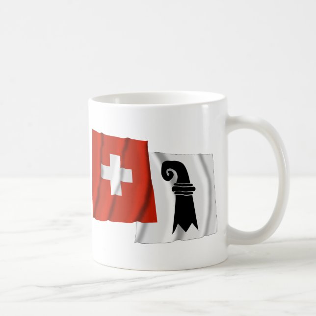 Wellenartig bewegende Flaggen der Schweiz u. Kaffeetasse (Rechts)